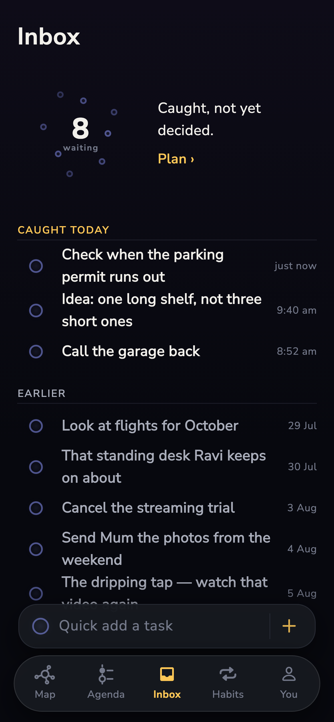 The Inbox with a few caught tasks