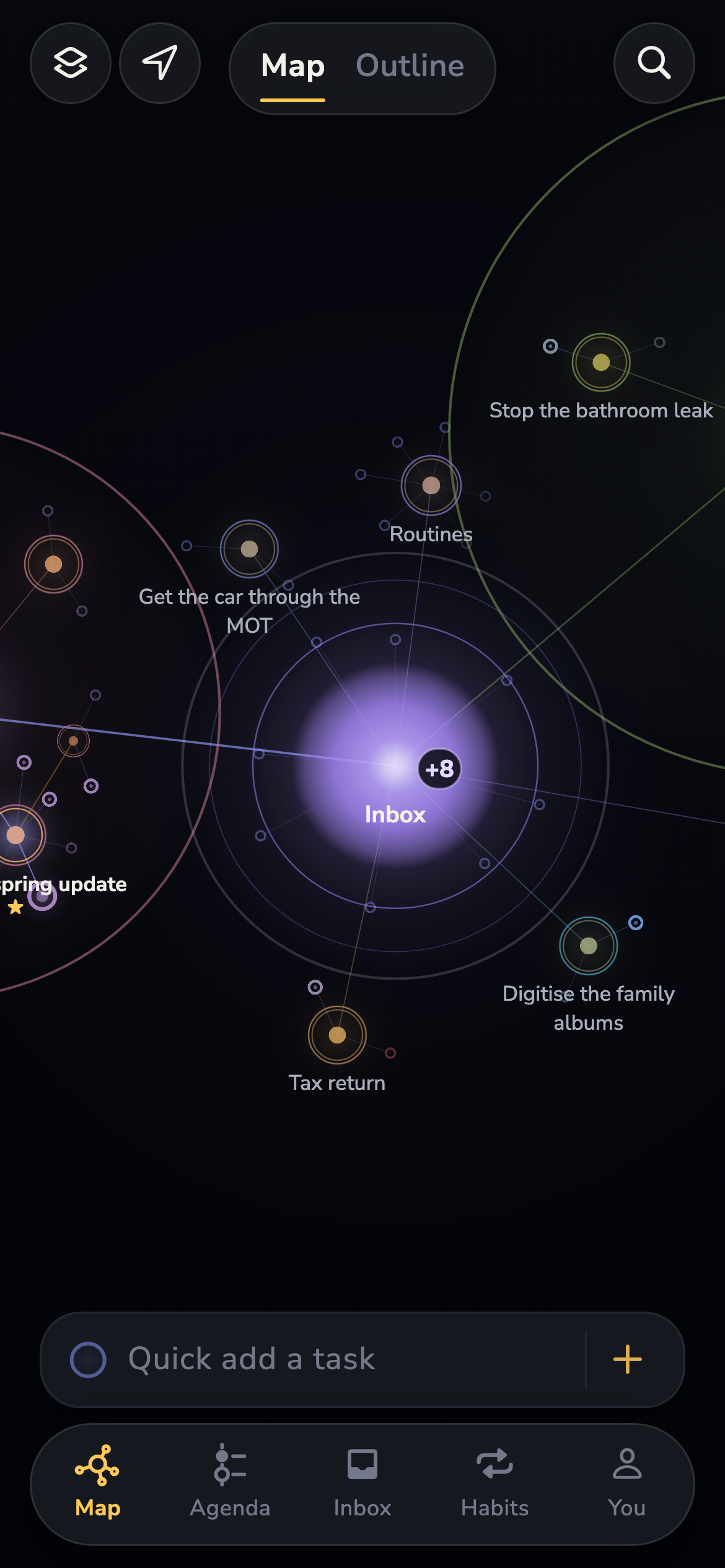 The Map: projects and tasks drawn as nodes