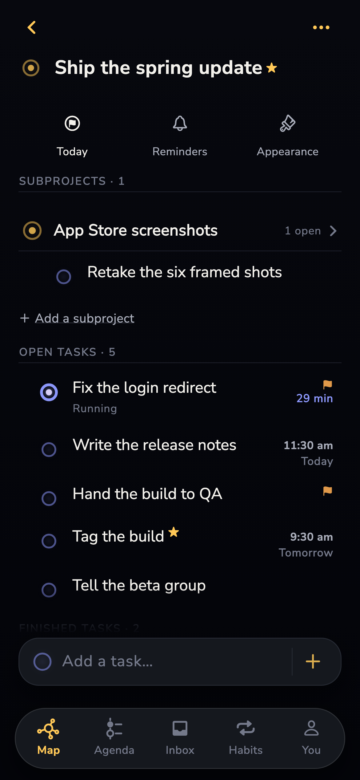 A project page: subprojects, open tasks, and a field to add a task